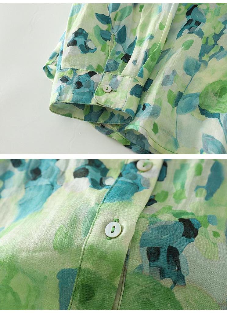 Retro Floral Cotton Linen Lapel Long Sleeve Women's Shirt - 2026 Spring Collection