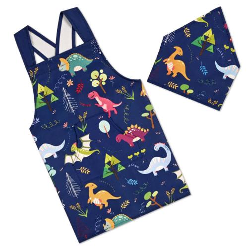 Athbavib Kids' Dinosaur Apron, Navy, with Triangle Scarf and Pockets, Easy to Put on and Take Off, Kids' Apron, Back Cross Apron, Adjustable, 50*60cm,