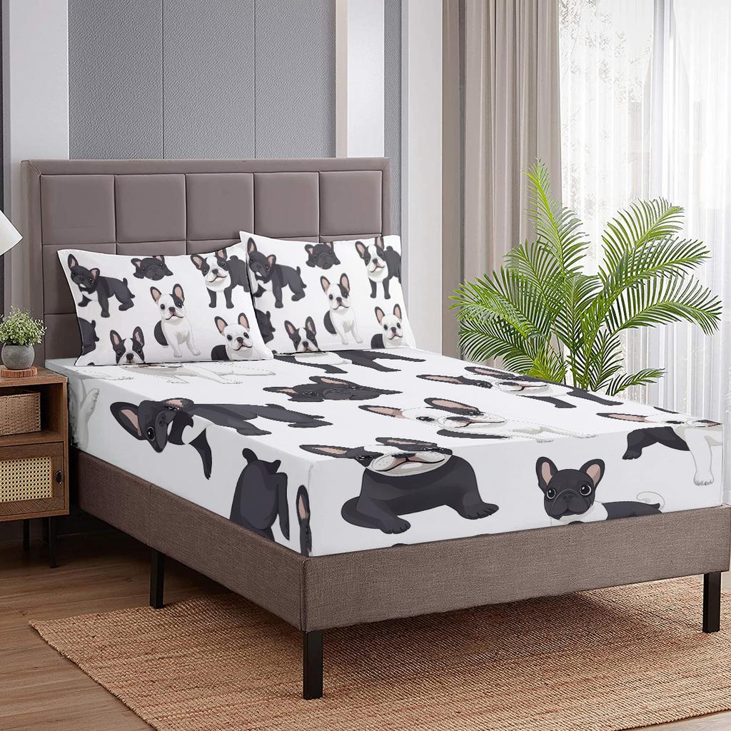 Rundäugige Französische Bulldogge Dreiteiliges Bettwäscheset, Mit Zwei Kissenbezügen, Geeignet Für Schlafzimmerbetten (Süßes, Cartoon-Haustier)