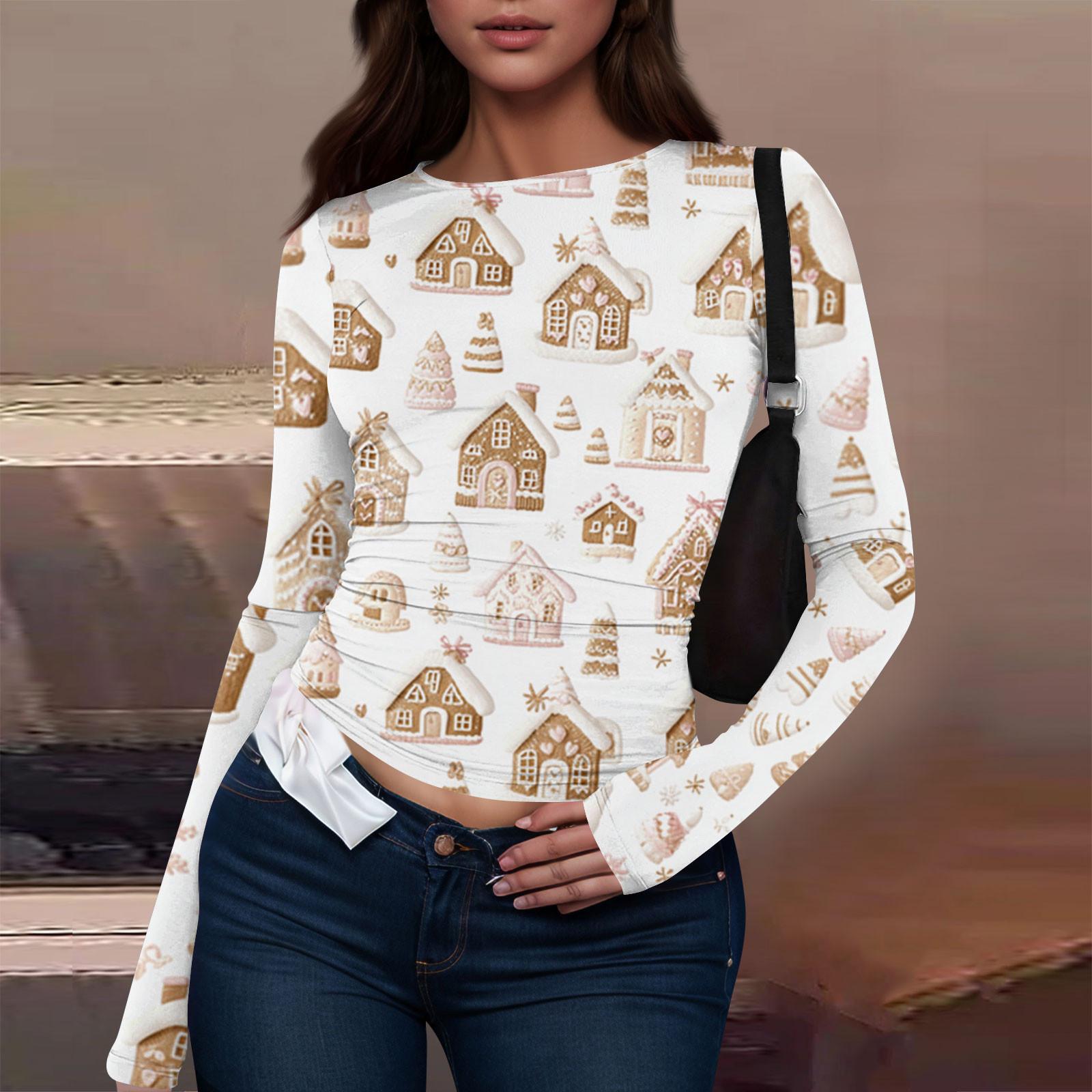 

Женская модная повседневная футболка с круглым вырезом и рождественским принтом с длинным рукавом S хаки