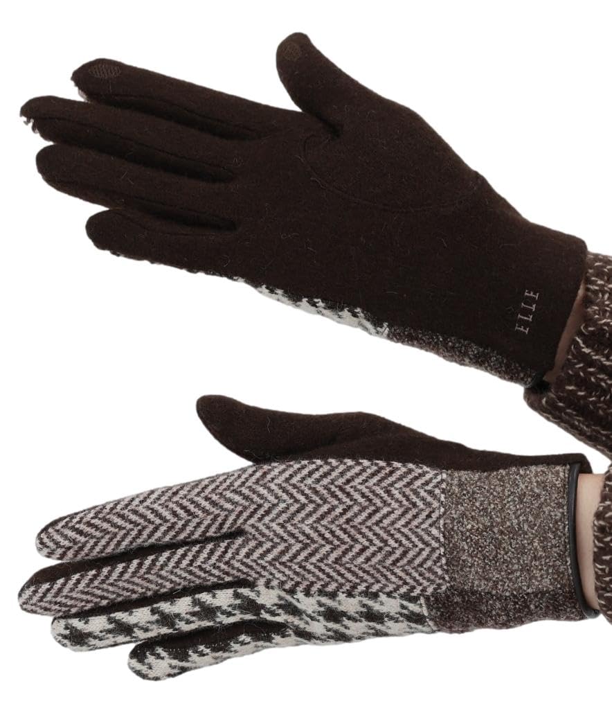 

ELLE Сделано в Японии Ангоровая смесь Лоскутные трикотажные перчатки с логотипом, совместимым со смартфоном, и чехлом Женские (елочка (коричневый), 21-22см)