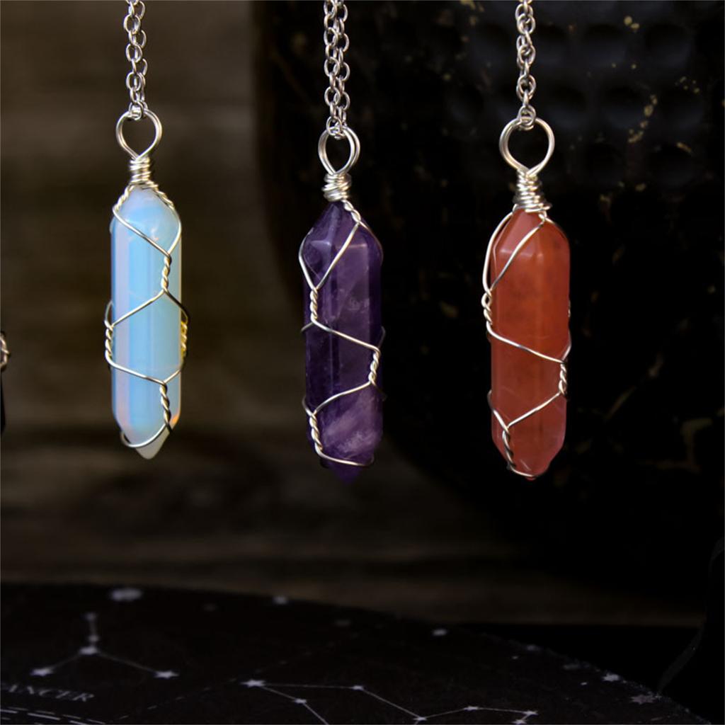 Hexagonal Crystal Spiritual Healing Stone Necklace Double Pointed Winding Wire Stone Jewelry Gift for Women Girls