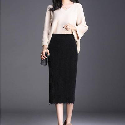 Autumn Winter Women's Midi Knitted Skirt Female Skirt High Waist Thicken Imitation Mink Velvet Lace Slim One Step Skirt