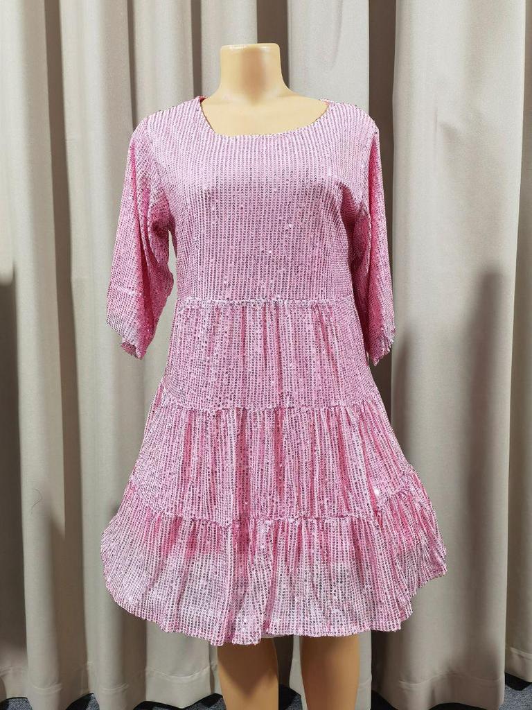 Sequined Round Neck Loose Waist Short Sleeve Dress for Banquets