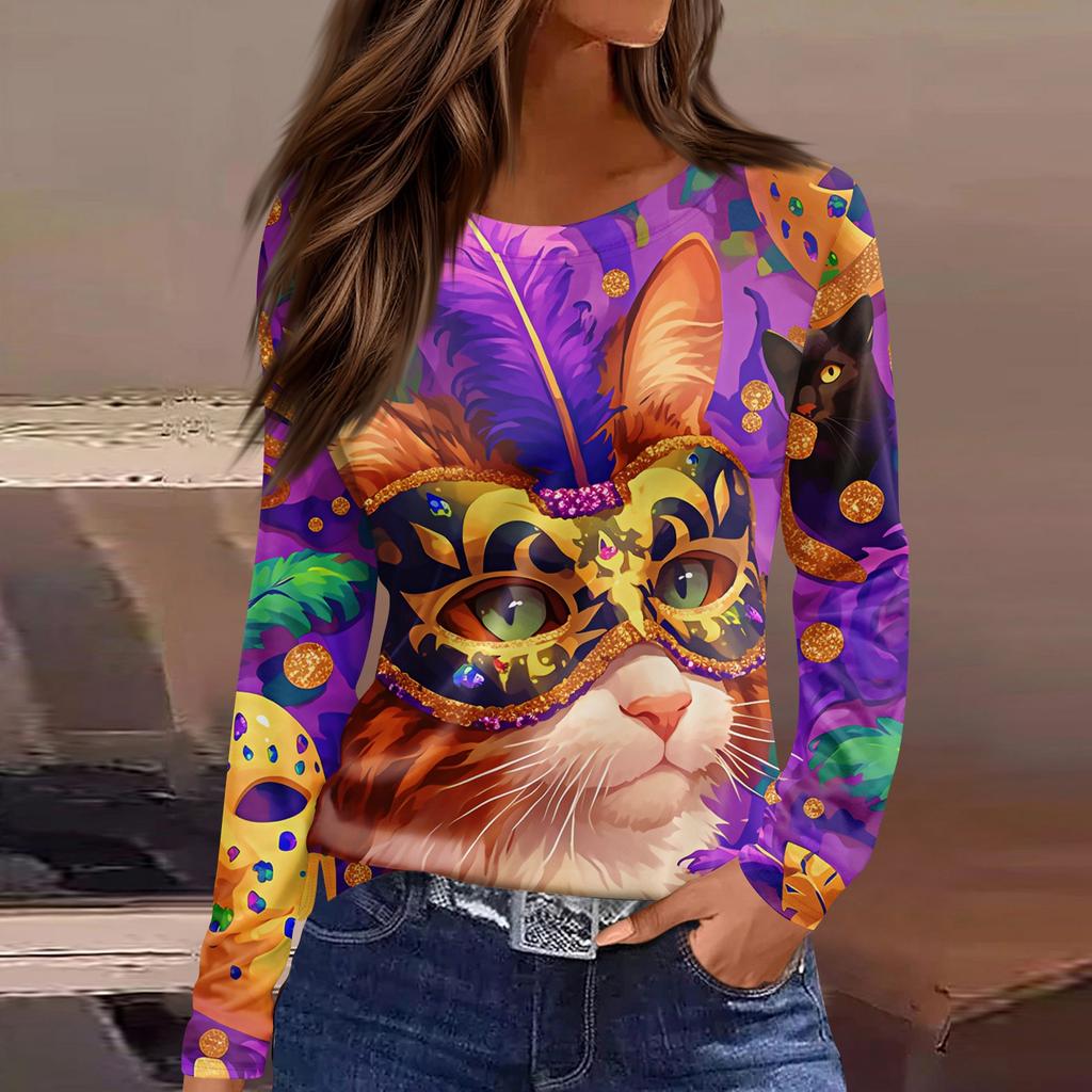 Women's Fashion Casual Slit Hem Round Neck Long Sleeve Loose Printed T-Shirt Top