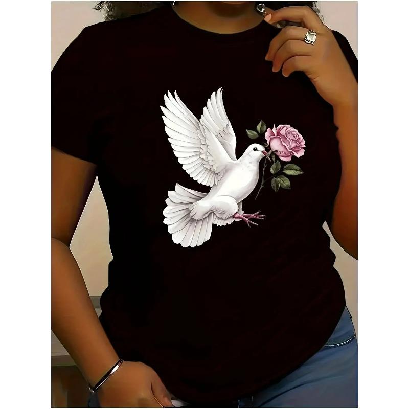 

Womens Oversized Tropical Dove Rose Print T Shirt Soft Round Neck Short Sleeve Casual Top 4XL чорний