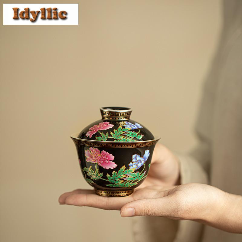 160ml Silver-plated Enamel Color Gaiwan Antique Tea Tureen Tea Bowl With Lid Kit Tea Making Cover Bowl Chinese Teaset Decoration
