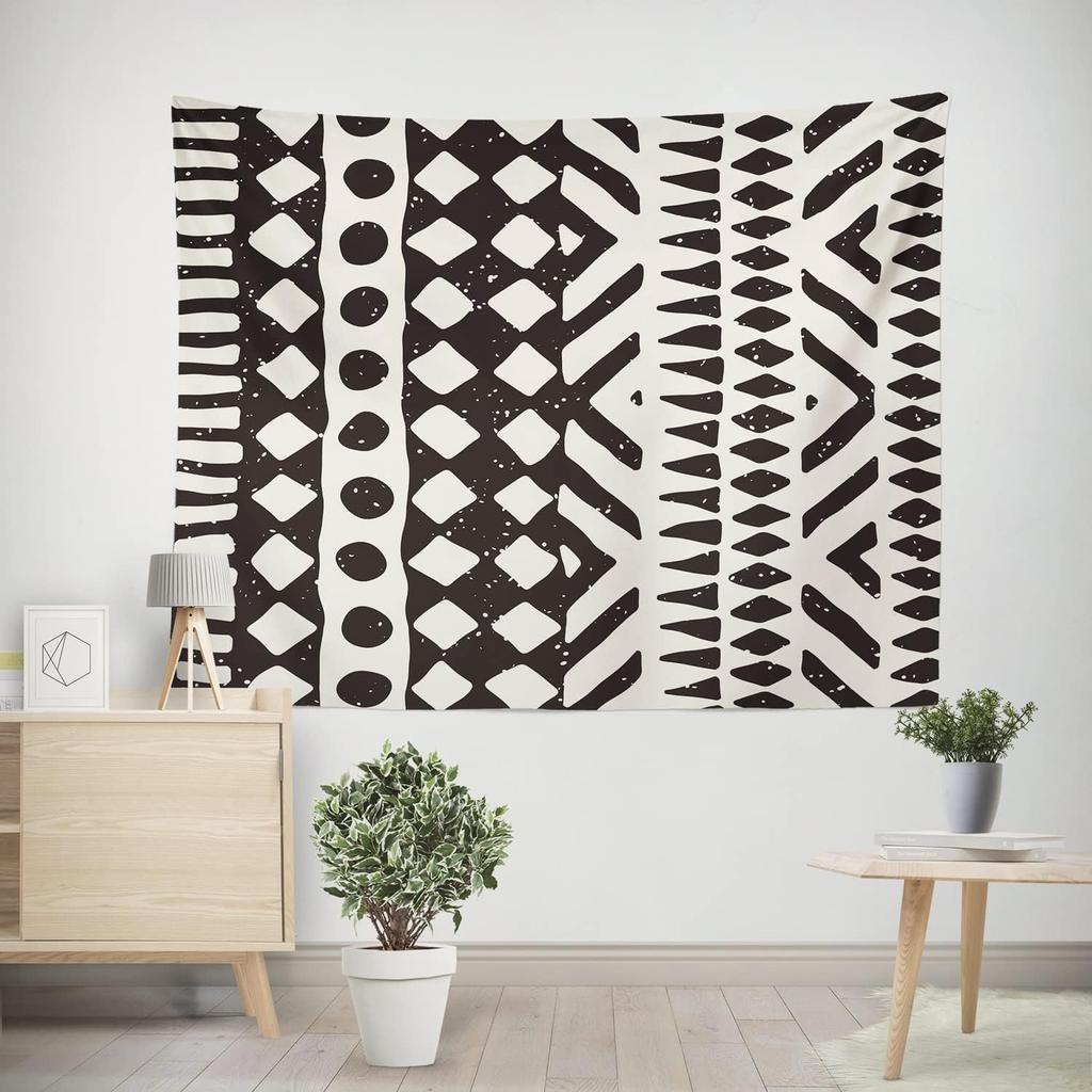 African Mud Cloth Tapestry Wall Hanging Art, Black and White Tribal Afrocentric Ethnic Bohemian Motif with Geometric Elements