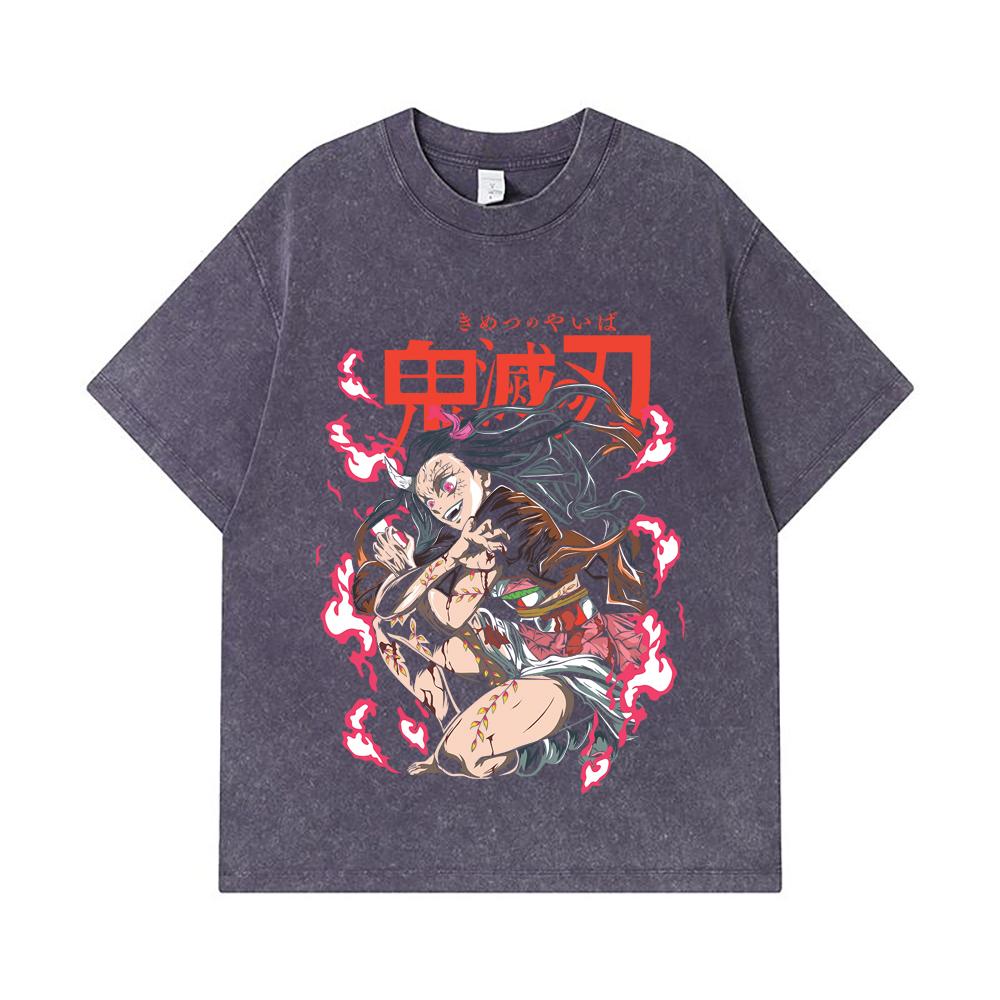 275 GSM Washed T-shirts 100% Cotton Demon Slayer V71 Nezuko Demon Print Unisex Heavy Cotton T Shirt
