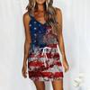Women's Summer Sexy V-neck  Sleeveless Independence Day Printed Strapless Dress Beach Sun  Dress