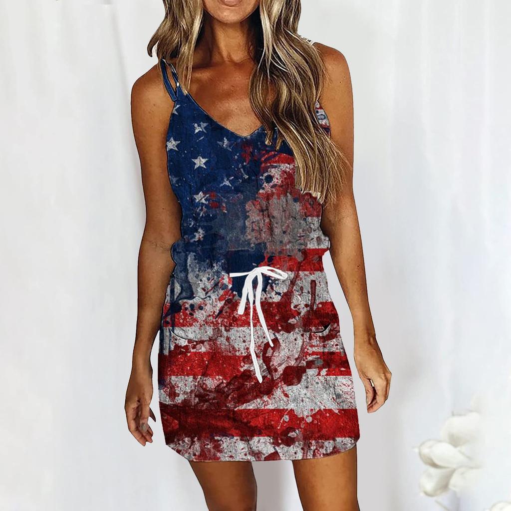 Women's Summer Sexy V-neck  Sleeveless Independence Day Printed Strapless Dress Beach Sun  Dress