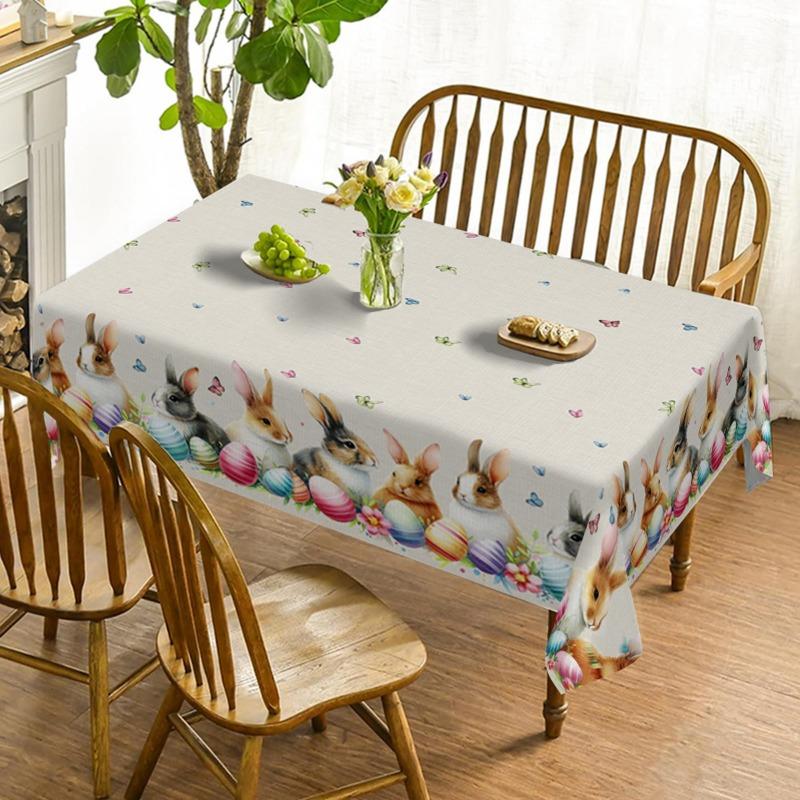 1Pc Easter Bunny And Colorful Eggs Pattern Tablecloth White Floral Print Table Cover For Dining Room Kitchen Party Decoration Wa