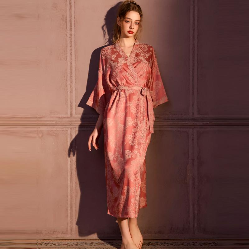 Vestaglia Jacquard da Donna Lusso Leggero: Accappatoio Lungo Primavera/Autunno, Raso di Seta Ghiacciata, Sensazione di Lusso, Accappatoio Singolo, Gonna da Bagno Pronta per l'Estate.