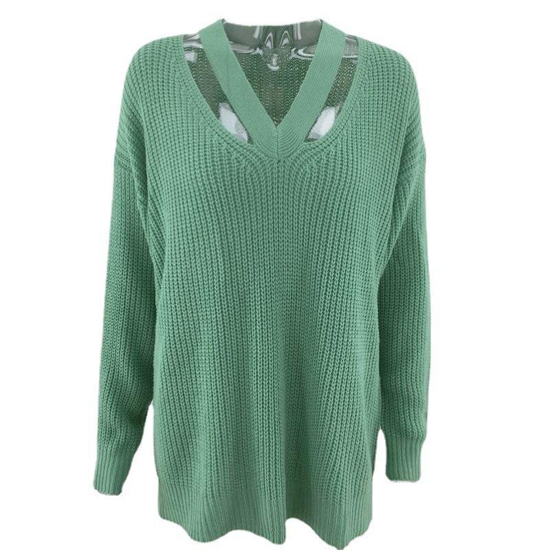 Autumn Winter Solid Colour Knit Pullover Loose Fit Plus Size Elegant Commuter Double V Neck Sweater for Women Luxurious Relaxed Versatile Top