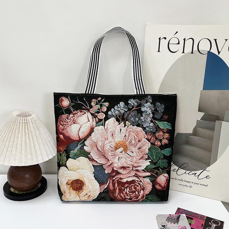 Bolsa de Ombro Feminina Bordada com Fio Dourado - Estilo Étnico, Grande Capacidade