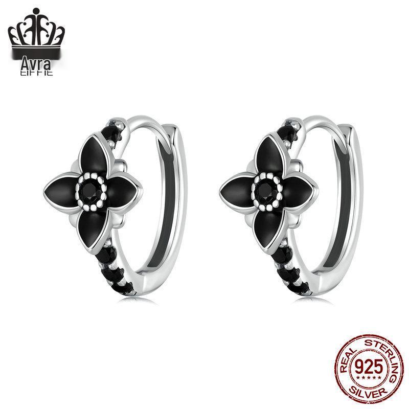 Elegant Black & White Retro Floral Earrings, S925 Sterling Silver Oxidized, Versatile Jewelry for Women