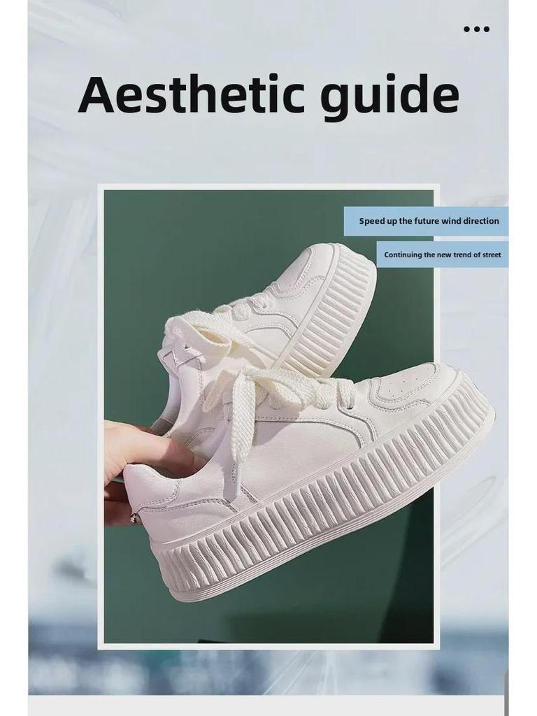 Women's 2023 Spring Genuine Leather Thick-Soled White Height-Boost Biscuit Sneakers