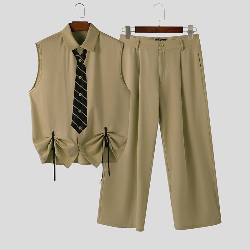 INCERUN Men Outfits Sleeveless Print Drawstring Hem Tops and Long Pants Casual Two Pieces Sets