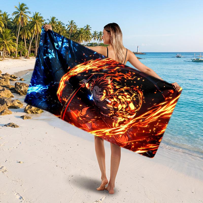 Kamado Tanjiro Printed Swim Towel, Portable Water Absorbent Towel for Beach Camping Daily Bathroom Use