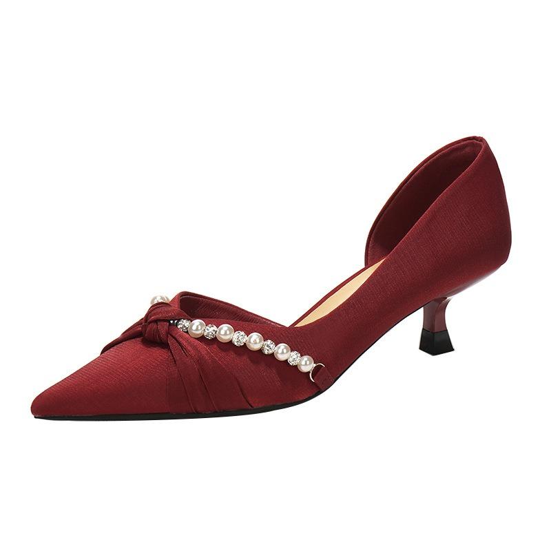Burgunderfarbene Satin-Spitz-High Heels Damen-Stiletto-Kink-Single-Schuhe Hochzeitsschuhe seitlich offen Brautjungfern-Schuhe