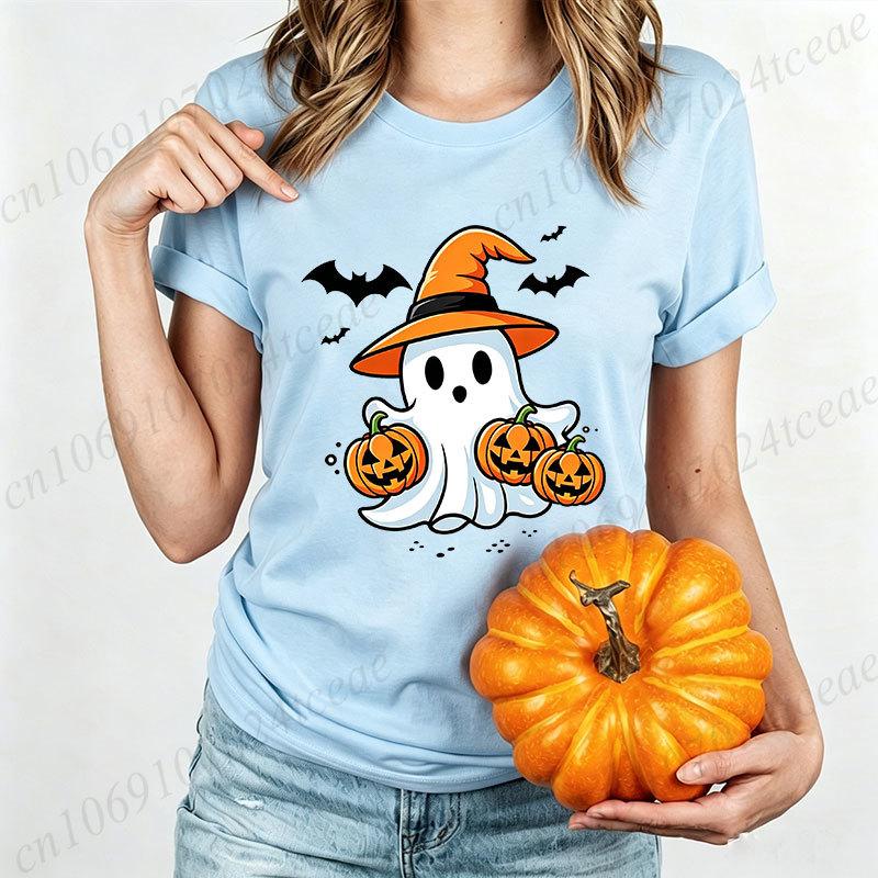 Halloween Schattige Geest Heksenhoed Print T-shirt voor Dames Cartoon Pompoen Vleermuis Grafische Tee Herfst Casual T-shirt Halloween Kostuum Tops