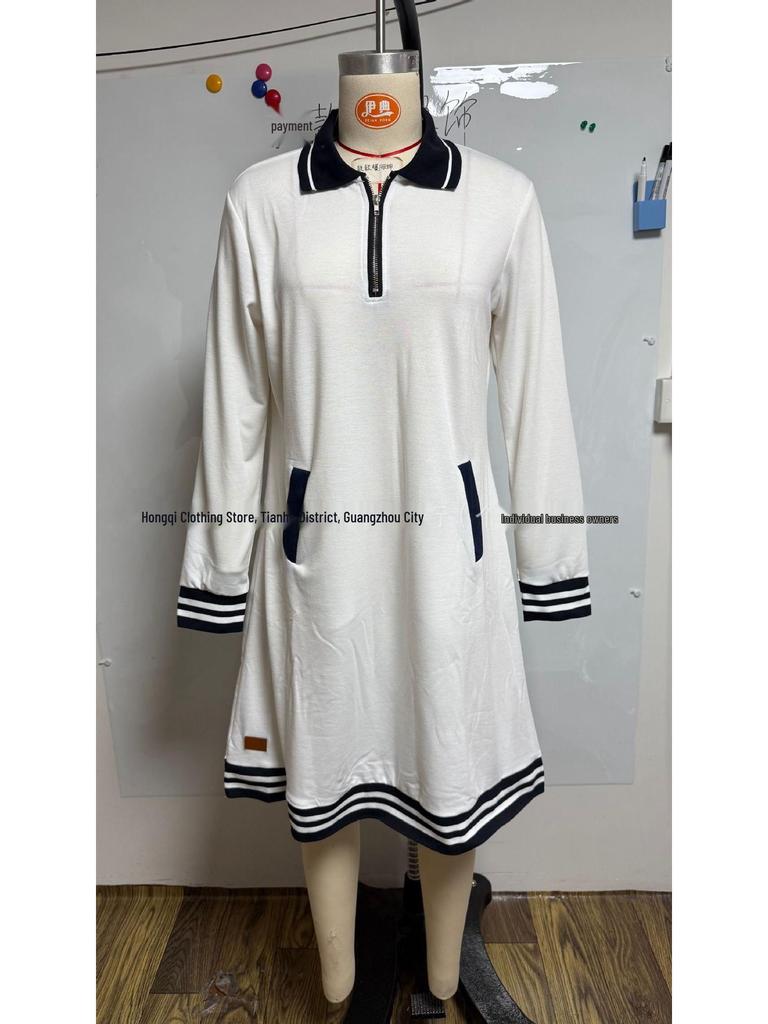 2026 Women's Casual Color Block Lapel Zipper Dress with Pockets