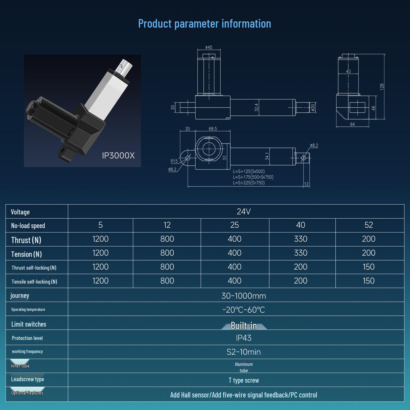 

Industrial-Grade Electric Telescopic Rod with High-Thrust DC Motor and Linear Stroke - Model IP3000X 50mm