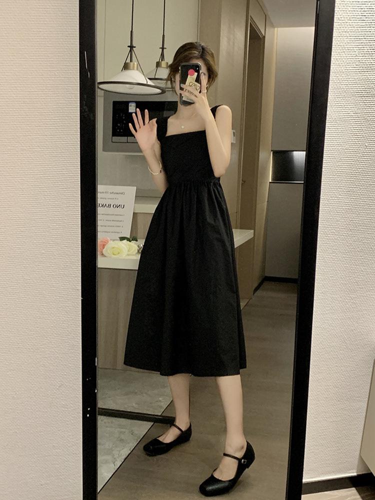 Elegant Solid Suspender Dress Women Fashion Square Neck Sleeveless Holiday Vestidos Casual Female Black Streetwear