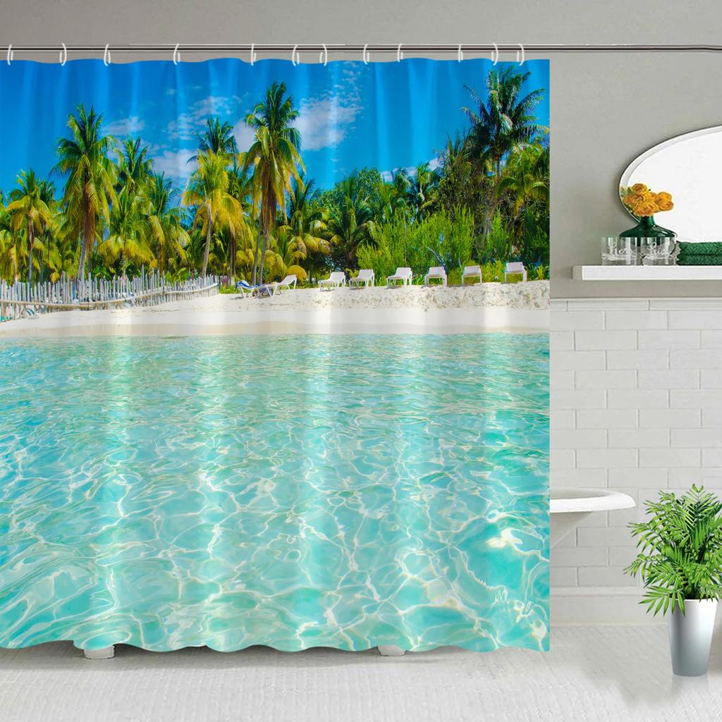 Hawaii Landscape Outdoor Shower Curtain Island Beach Coconut Tropical Ocean Natural Landscape Hanging Curtain Bathroom Decor Set