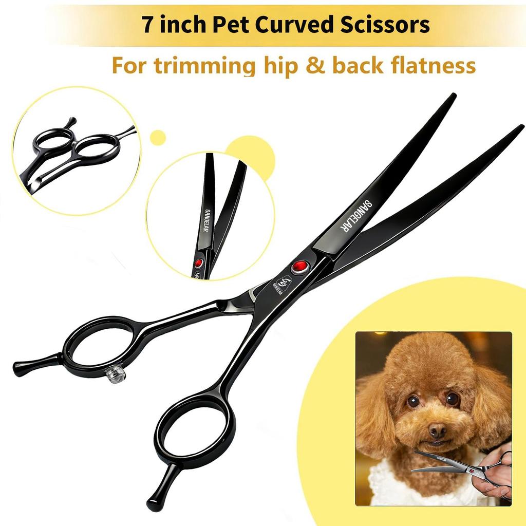 Sangelar 7 inch Pet Grooming Scissors Professional Groomer Dog Cat Pet Hair Care Tools Grooming Scissors Cutting Shear Curved Scissors Thinning