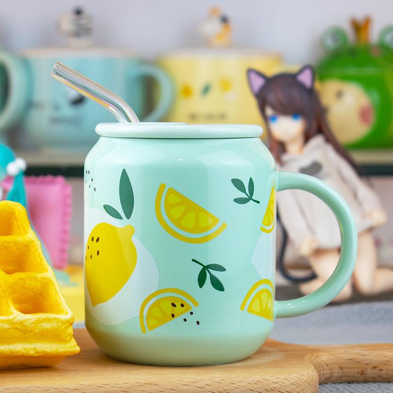 Girls New Creative Cute Fruit Ceramic Mug Couple Custom Colored Porcelain Mugs With Straw Lid Coffee Water Milk Cups 401-500ml