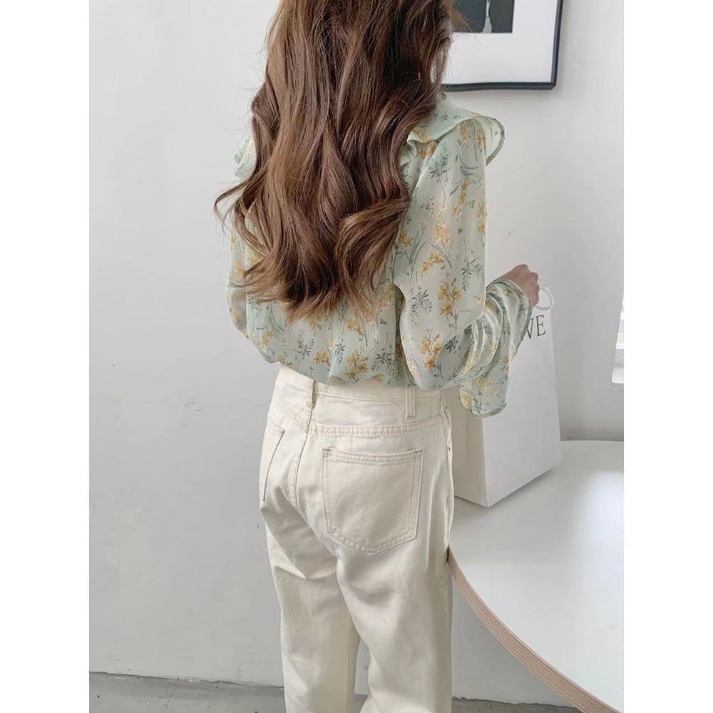 New Western Style Ruffled Small Fresh Chiffon Loose Lace Up Shirt Women's Top Long Sleeved