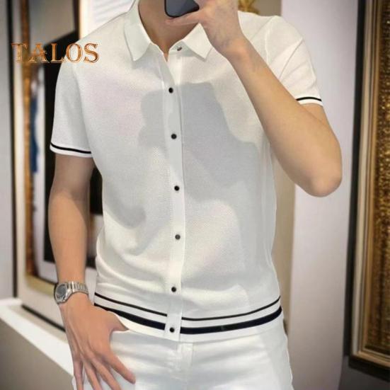 Men Shirt Lapel Short Sleeve Buttons Placket Shirt Tops with Stripes Trim Breathable Summer Casual Shirt