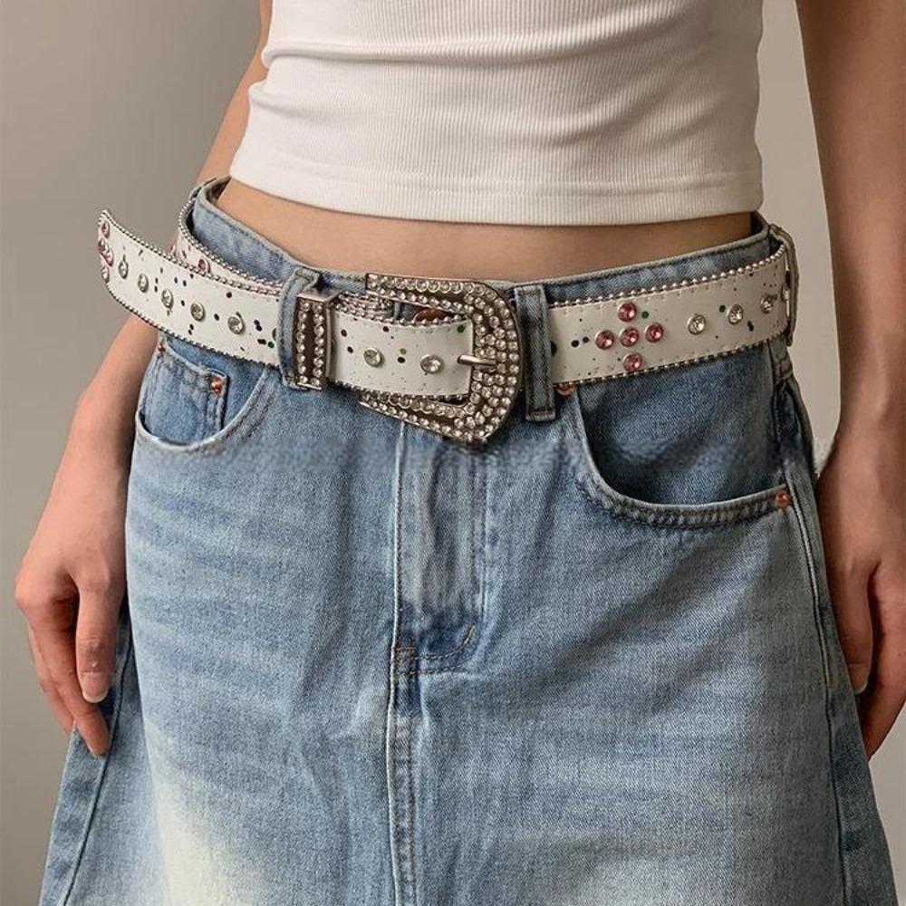 Shiny Retro Y2k Belt Gradient Pink Jeans Waistband Adjustable Rhinestone Waistband  Lady
