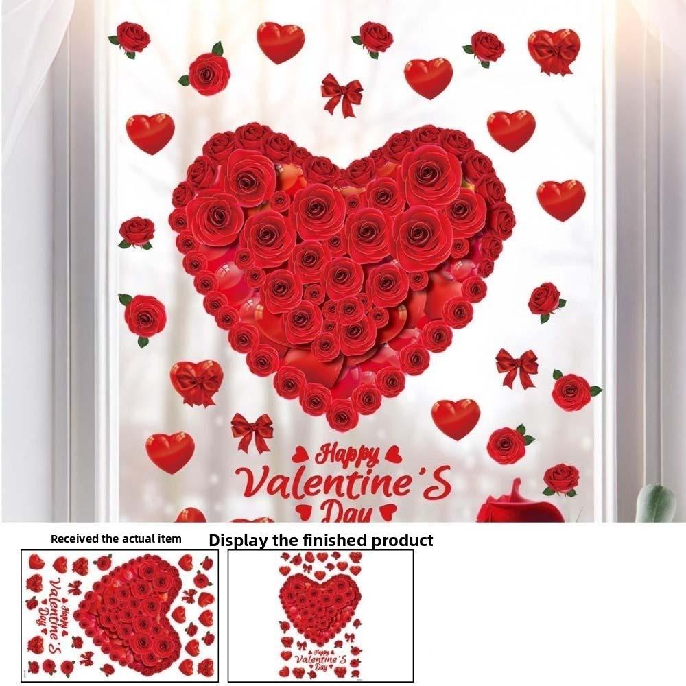 PVC Valentine's Day Window Stickers Love Heart Balloon Shape Pink Red Flower Rose Love Heart Window Decals DIY Waterproof