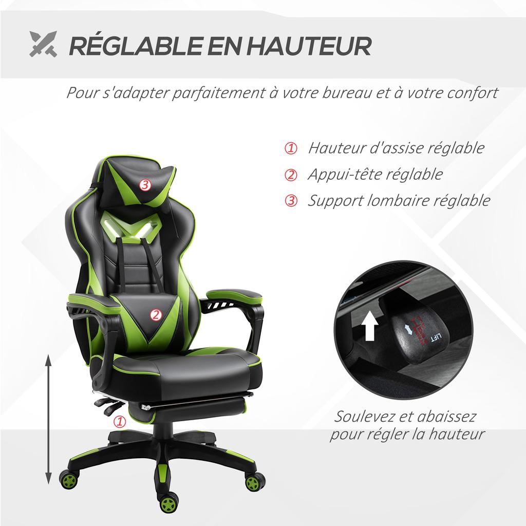 Ergonomic Gaming Chair Comfortable Office Chair With Footrest Headrest And Lumbar Cushion Adjustable Height Black And