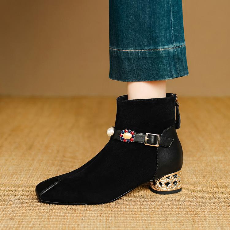 Móda Nové Podzim/zima Ovčí semiš Dámská bota Boty se čtvercovou špičkou pro ženy Módní kozačky S přezkou Střední podpatky Krátké kozačky Zip Černé kozačky