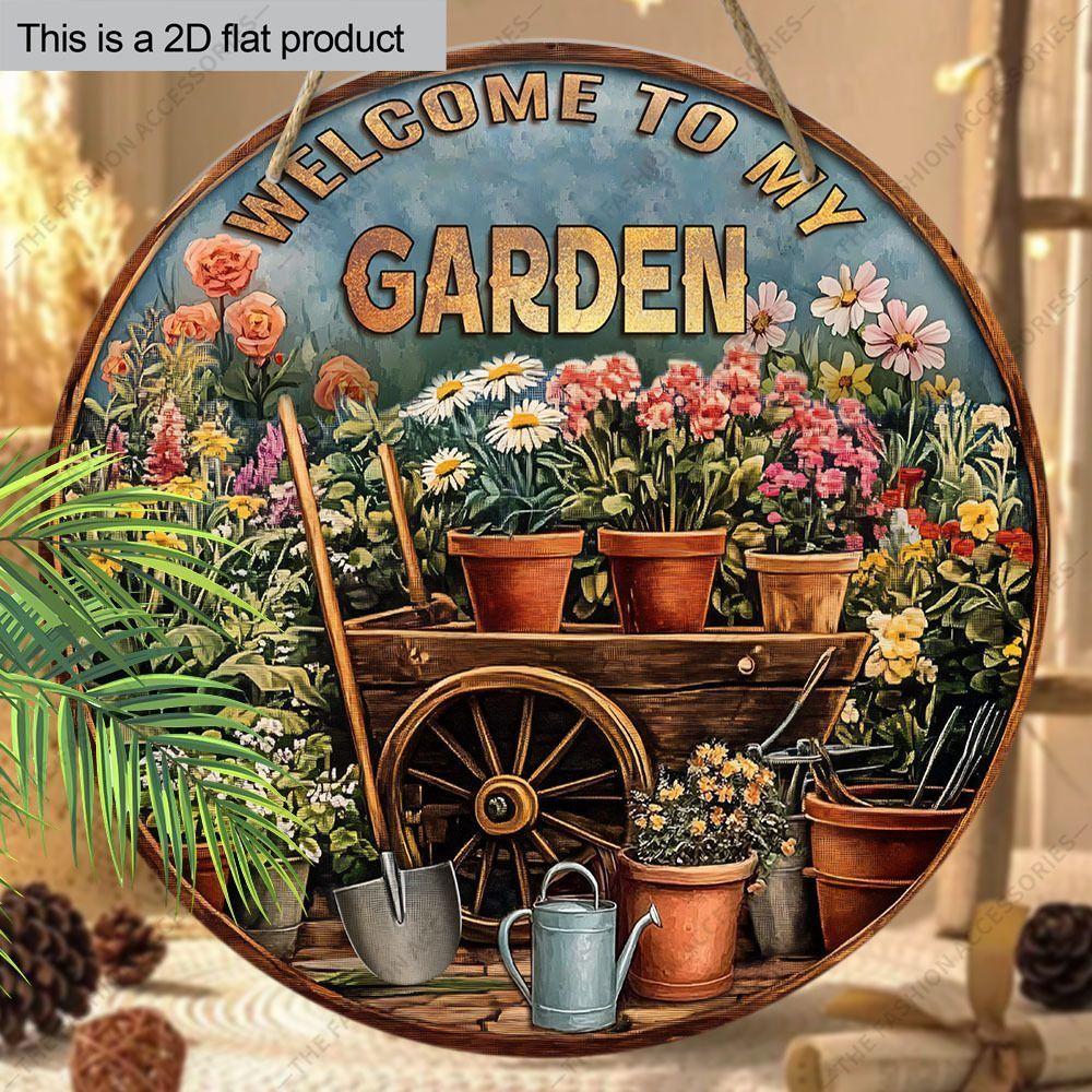 Welcome To My Garden Floral Round Wooden Hanging Sign, 2D Flat Wooden Garden Front Door Decor