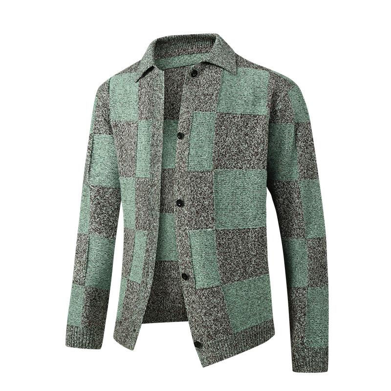 Men's Retro Color-blocked Plaid Lapel Knitted Cardigan Long-sleeved Sweater Jacket