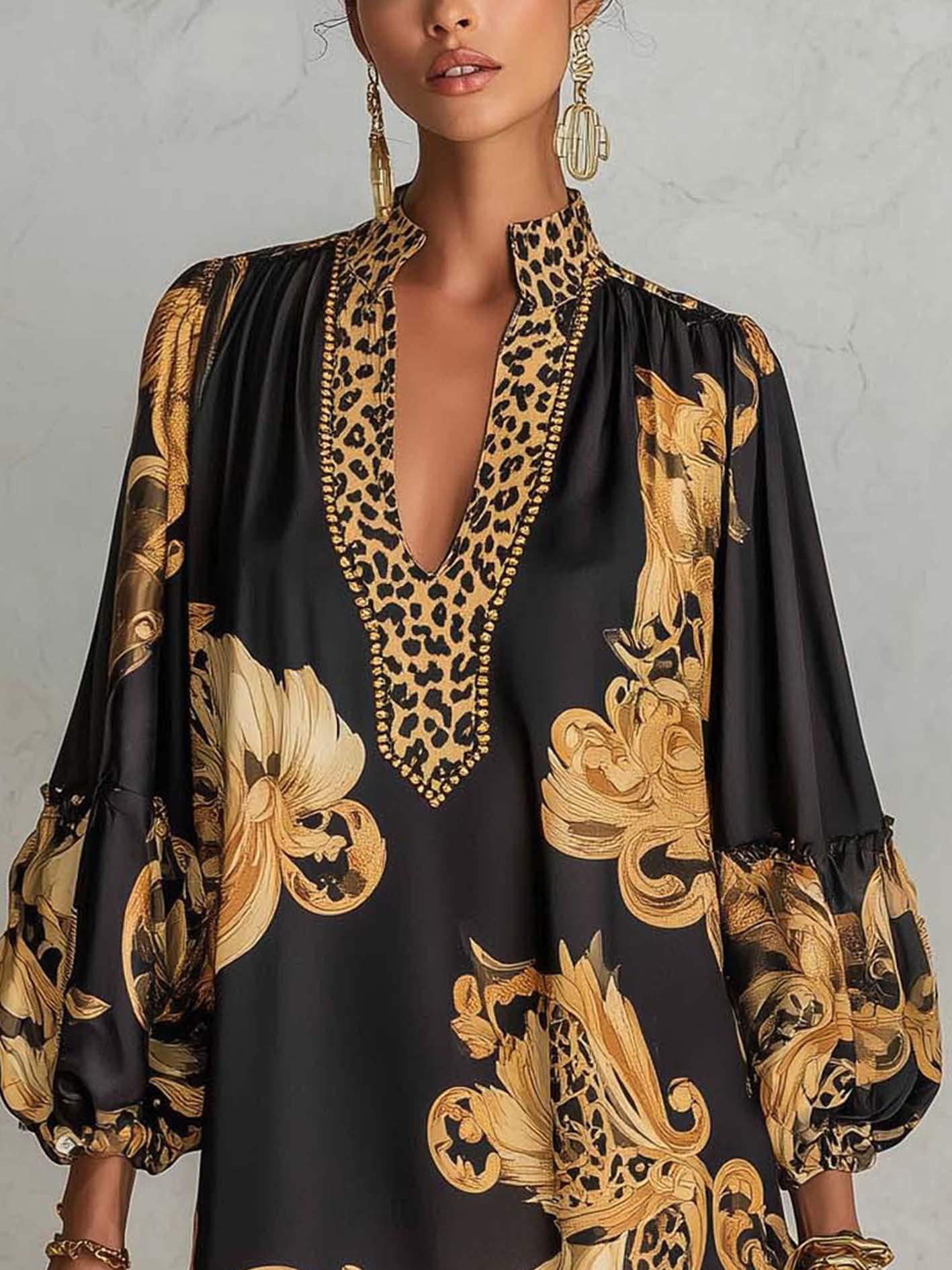 2026 retro leopard print splicing bronzing flower stand-up collar V-neck lantern sleeve loose satin short dress S чёрный