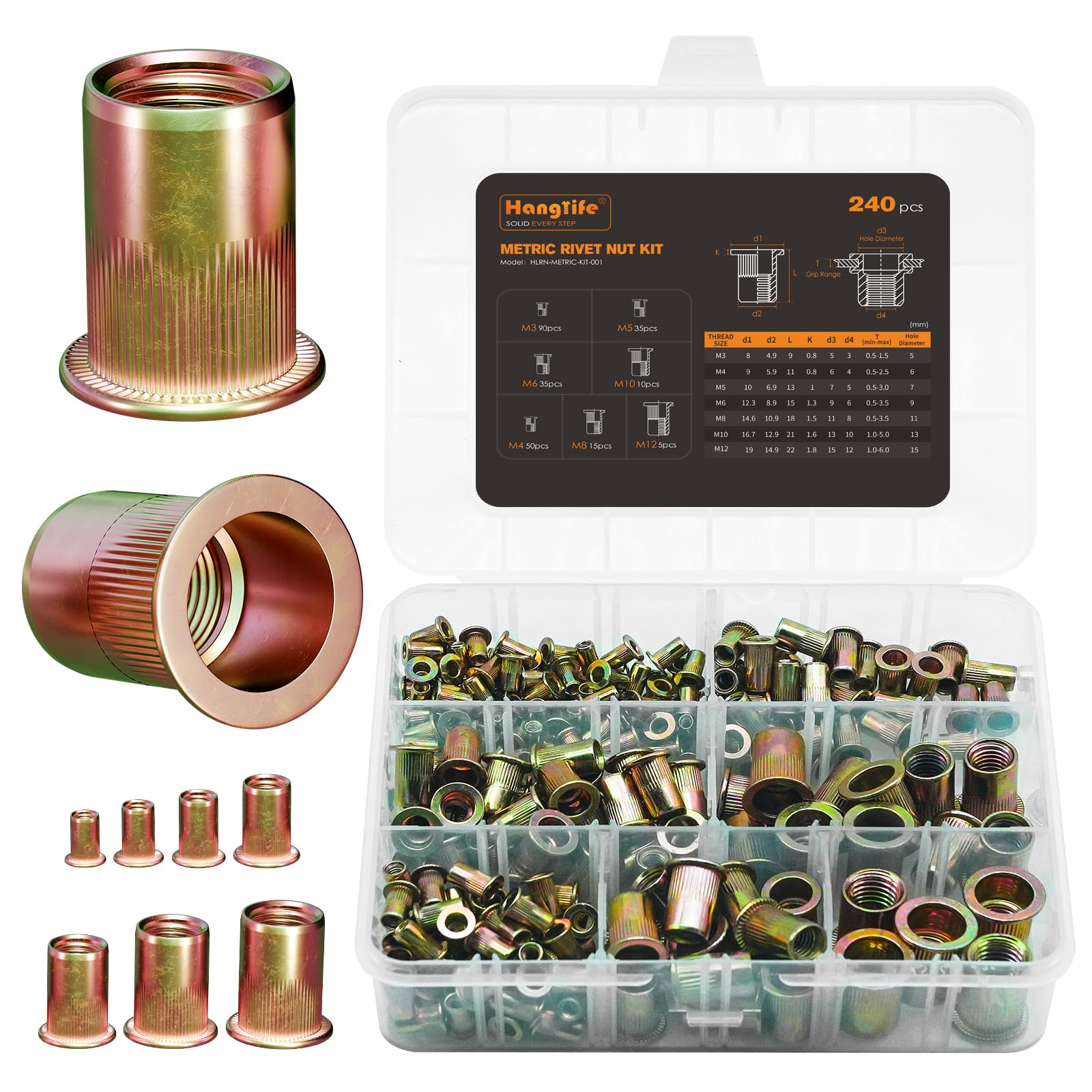 

Nut Assortment Kit (240 Pcs) Metric Rivnut Threaded Insert Includes M3, , M5, M6, M8, M10, M12 Flat Head erts One Size