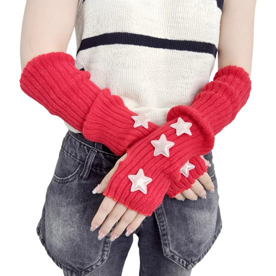 Knitted Arm Warmers Girls Fingerless Long Wrist Gloves Winter Star Arm Sleeves with Thumb Hole for Women Street Wear Parties