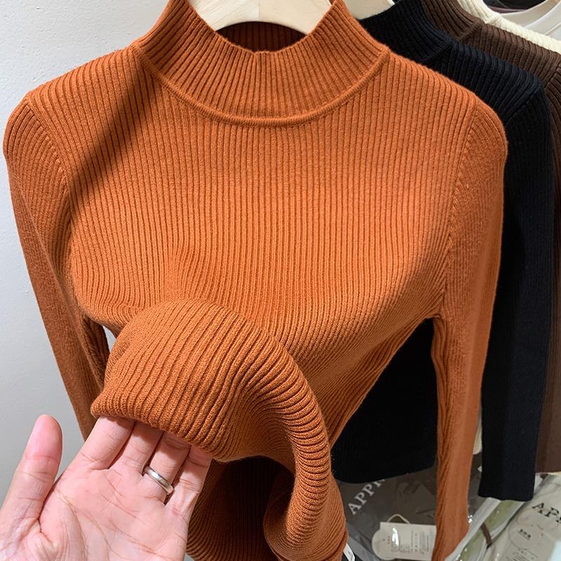 Fashion Women Knitted Bottoming Turtleneck Sweater Autumn Winter Long Sleeve Half High Collar Casual Simple Pullover Shirt Slim Fit Basic Thin Top