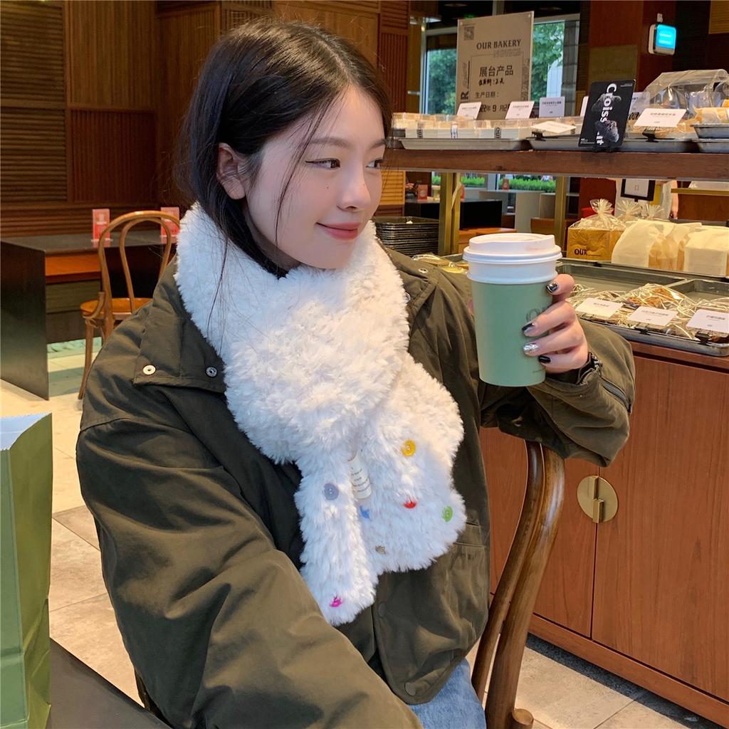 Korean Style Fashion Button Plush Thickened Scarf for Female Students in Winter Thickened and Warm Versatile Stylish and Trendy Scarf for Students