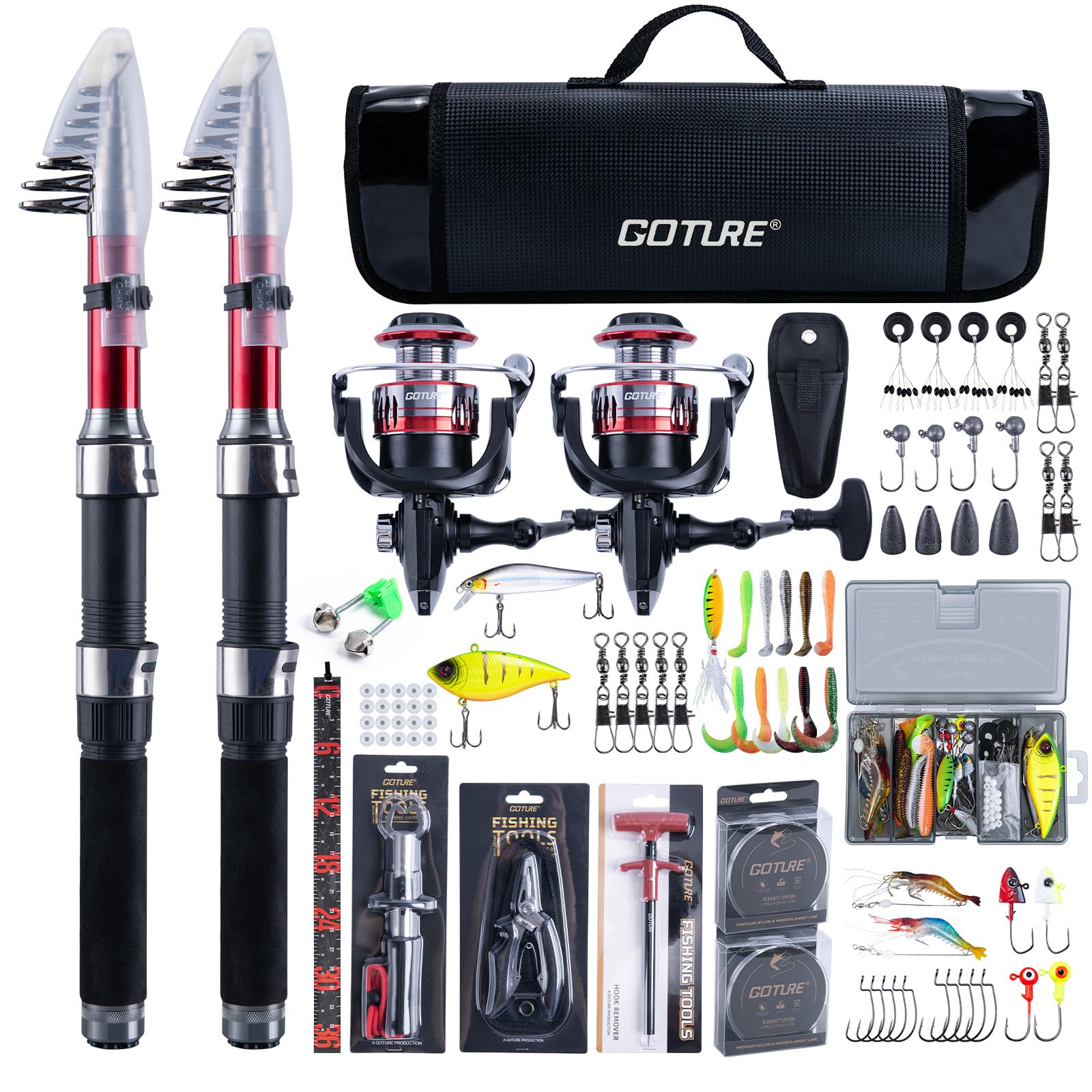 Goture Fishing Set Fishing Rod Includes 2 Carbon Telescopic Fishing 2 Spinning 2 Spools of Nylon Fishing Lure Hook Fish Measuring Storage and