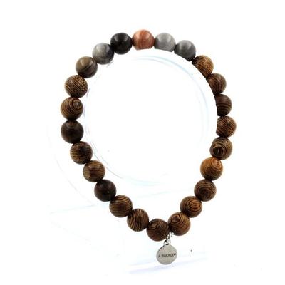 Stones and Minerals. Petrified Wood Beads Bracelet + 8 Mm Wood. Made In France.