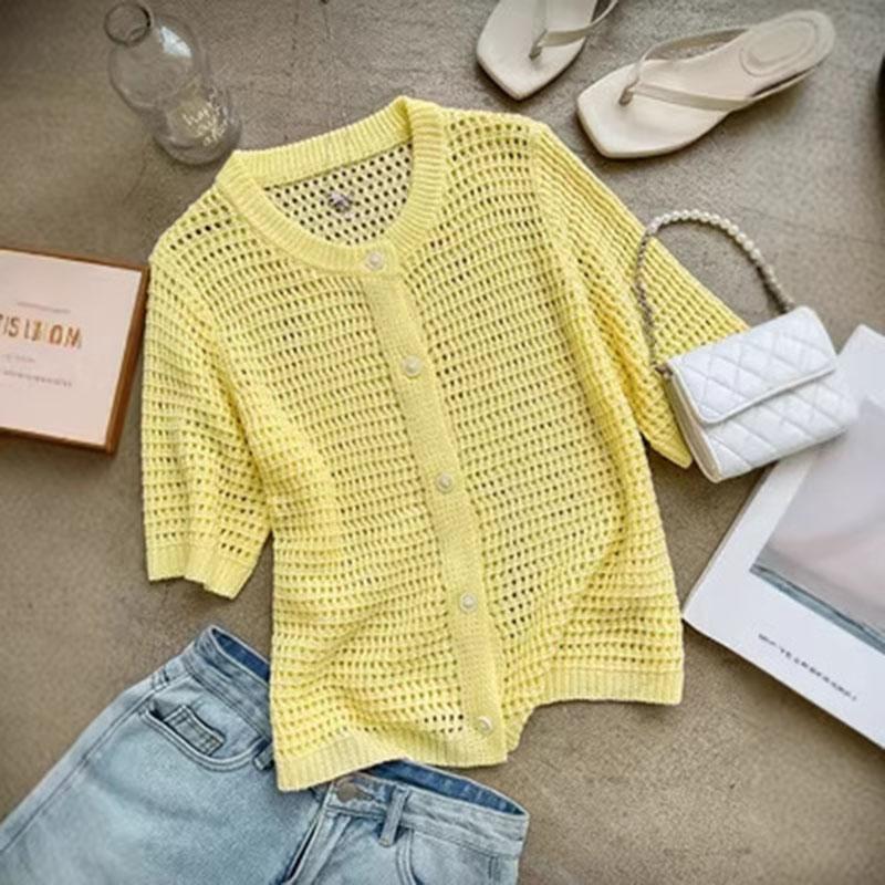 Womens Crochet Short Sleeve Cardigan Solid Color Button Down Knit Top Summer Beach Tops