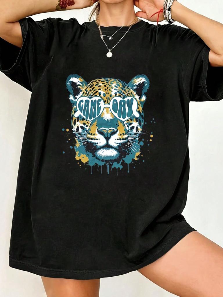 Übergroßes T-Shirt Schwarzer Leopard mit Game Day Sonnenbrillen-Print Lässige Streetwear für Damen