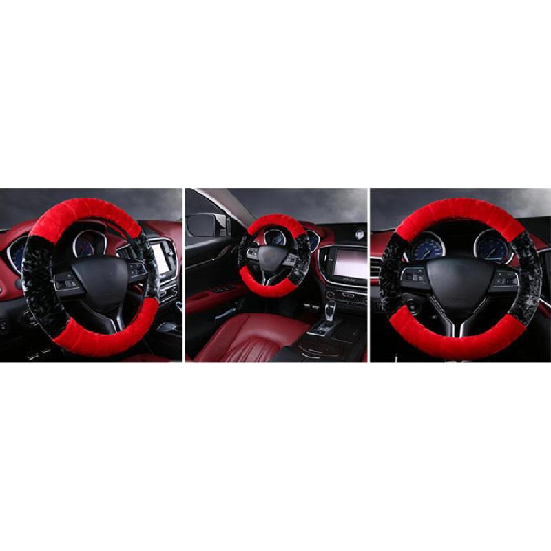 New Winter 38cm Universal Black+Red Plush Furry Thick Auto Car Steering Wheel Cover