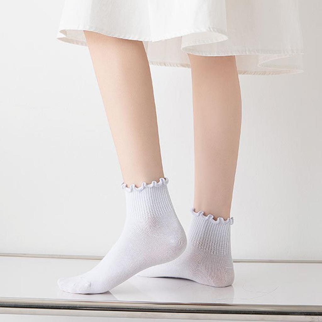 5 Pairs Japanese Style Women Student Crew Socks Solid Color Casual Fashion Frilly Ruffle Trim Short Tube Ankle Socks